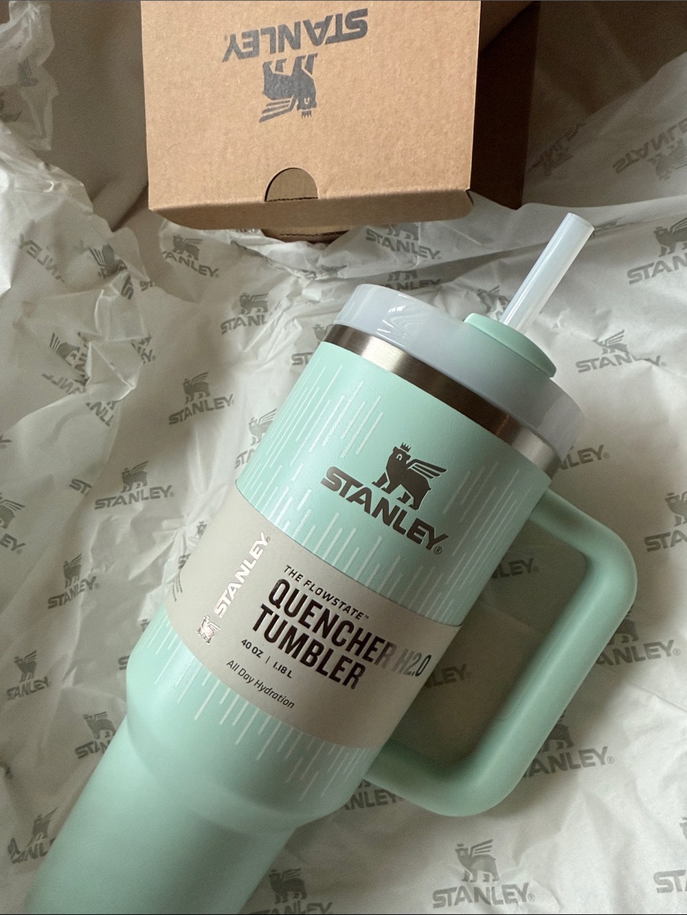 Stanley Mint Green Quencher Tumbler with Handle & Straw